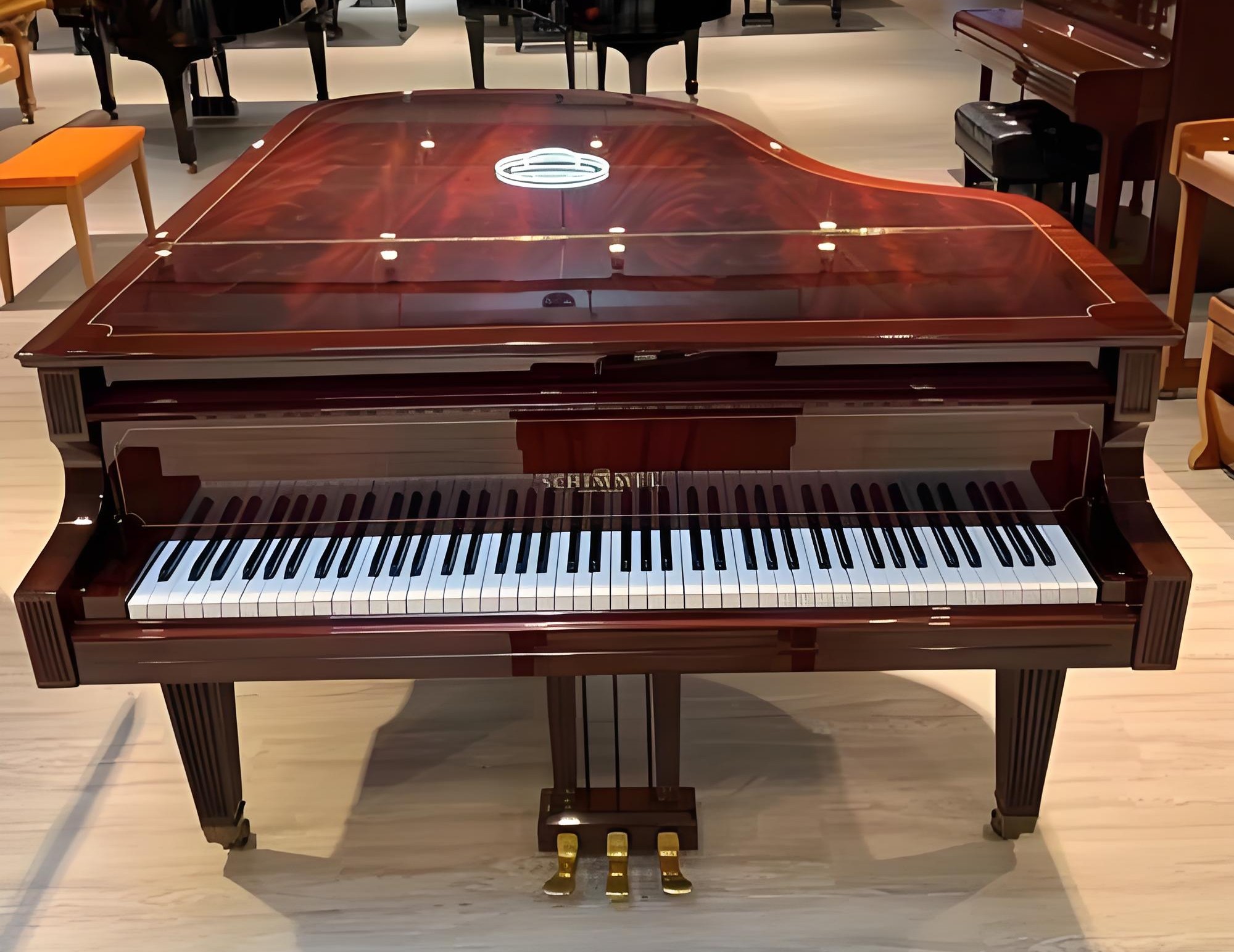 Schimmel Klavier gebraucht Mahagoni Pianino im Showroom Deutschland