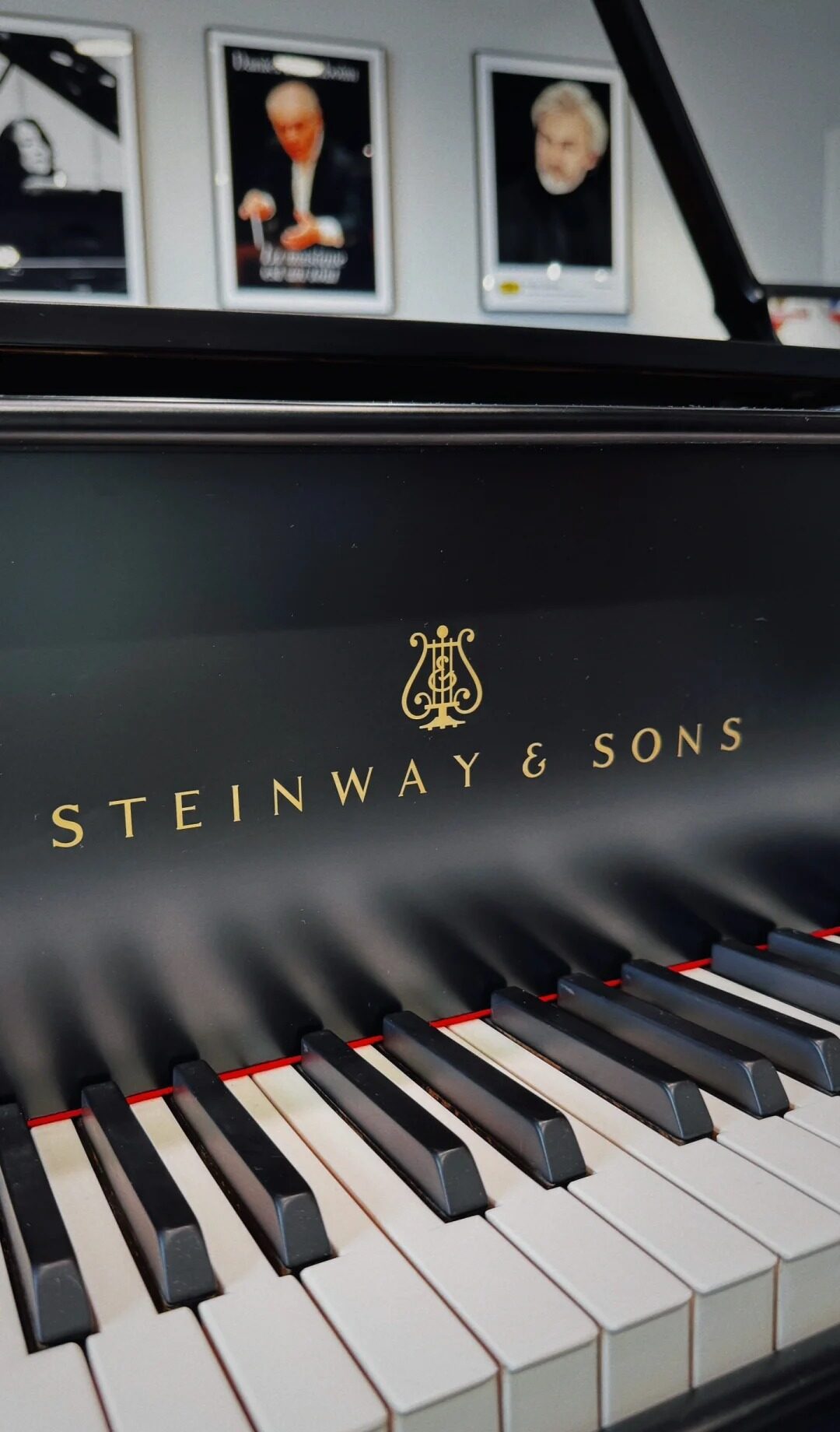 Złote logo Steinway & Sons na czarnej pokrywie fortepianu z klawiaturą