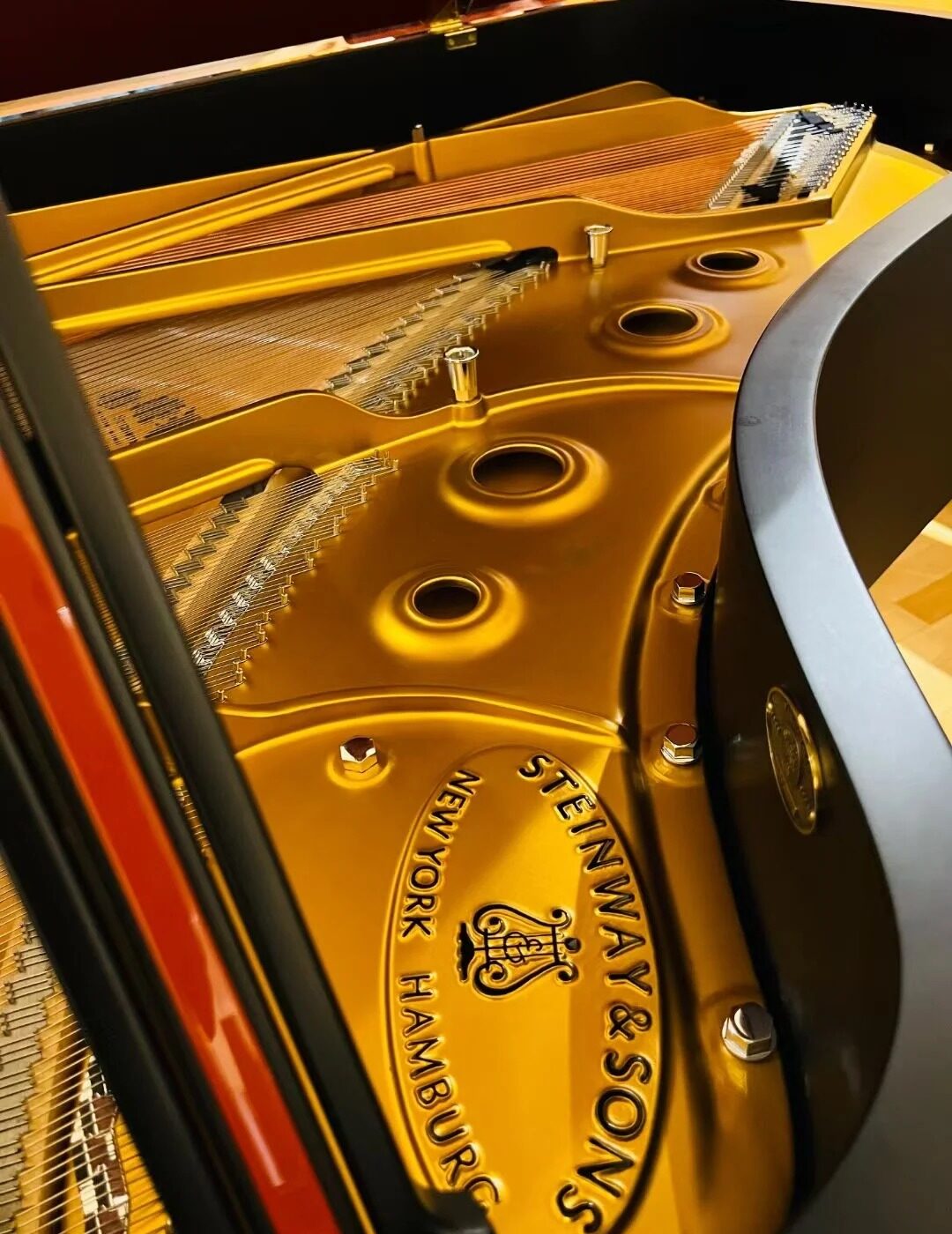 Złote logo Steinway & Sons na żeliwnej ramie fortepianu z widocznymi napiętymi strunami