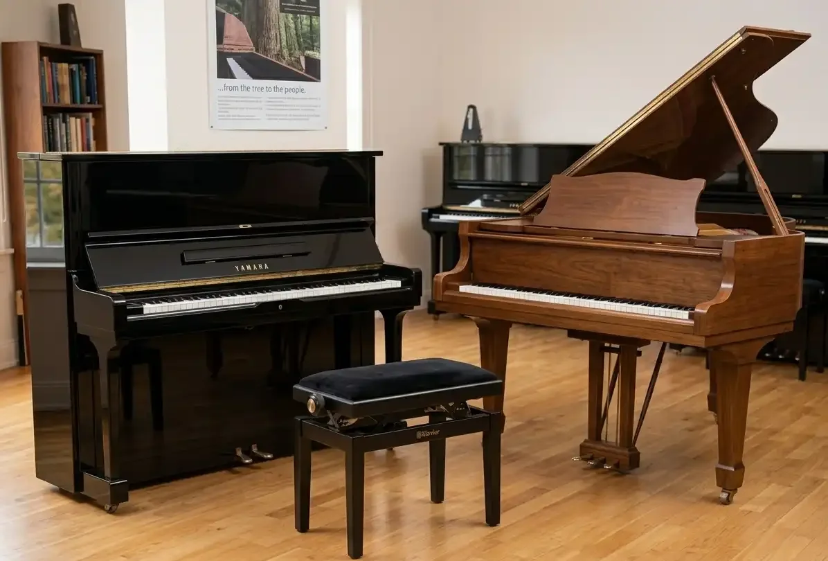 Vergleich zwischen Klavier und Flügel mit schwarzem Yamaha Klavier und braunem Flügel