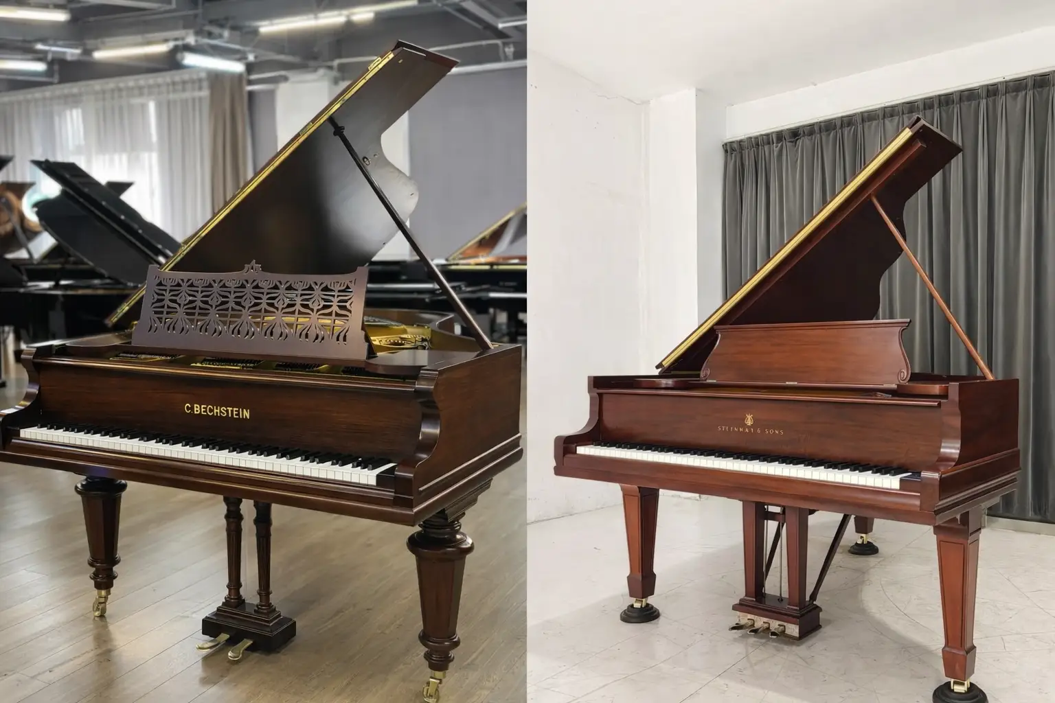 Comparatif visuel entre un piano C. Bechstein et un piano Steinway à queue