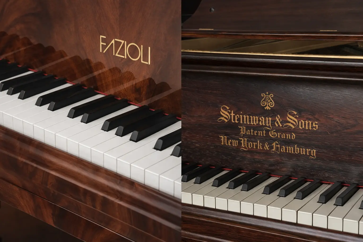 Comparatif visuel entre un piano Fazioli et un piano Steinway avec logos et claviers visibles