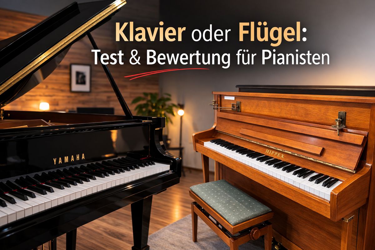 Vergleich zwischen Klavier und Flügel für Pianisten mit schwarzem Yamaha Flügel und braunem Klavier