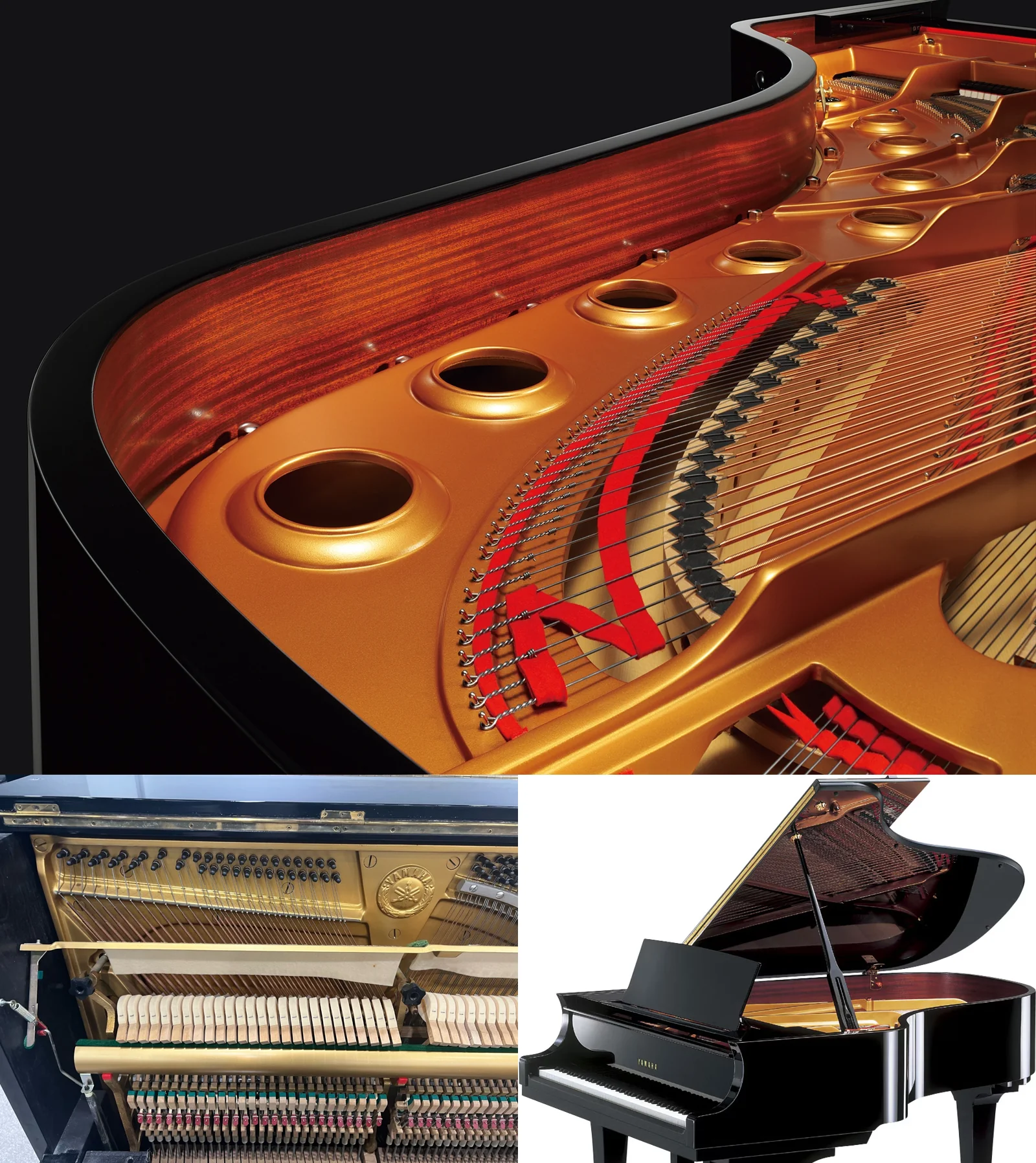 Innenansicht des Yamaha CF4 Flügels mit Rahmen, Saiten und Mechanik